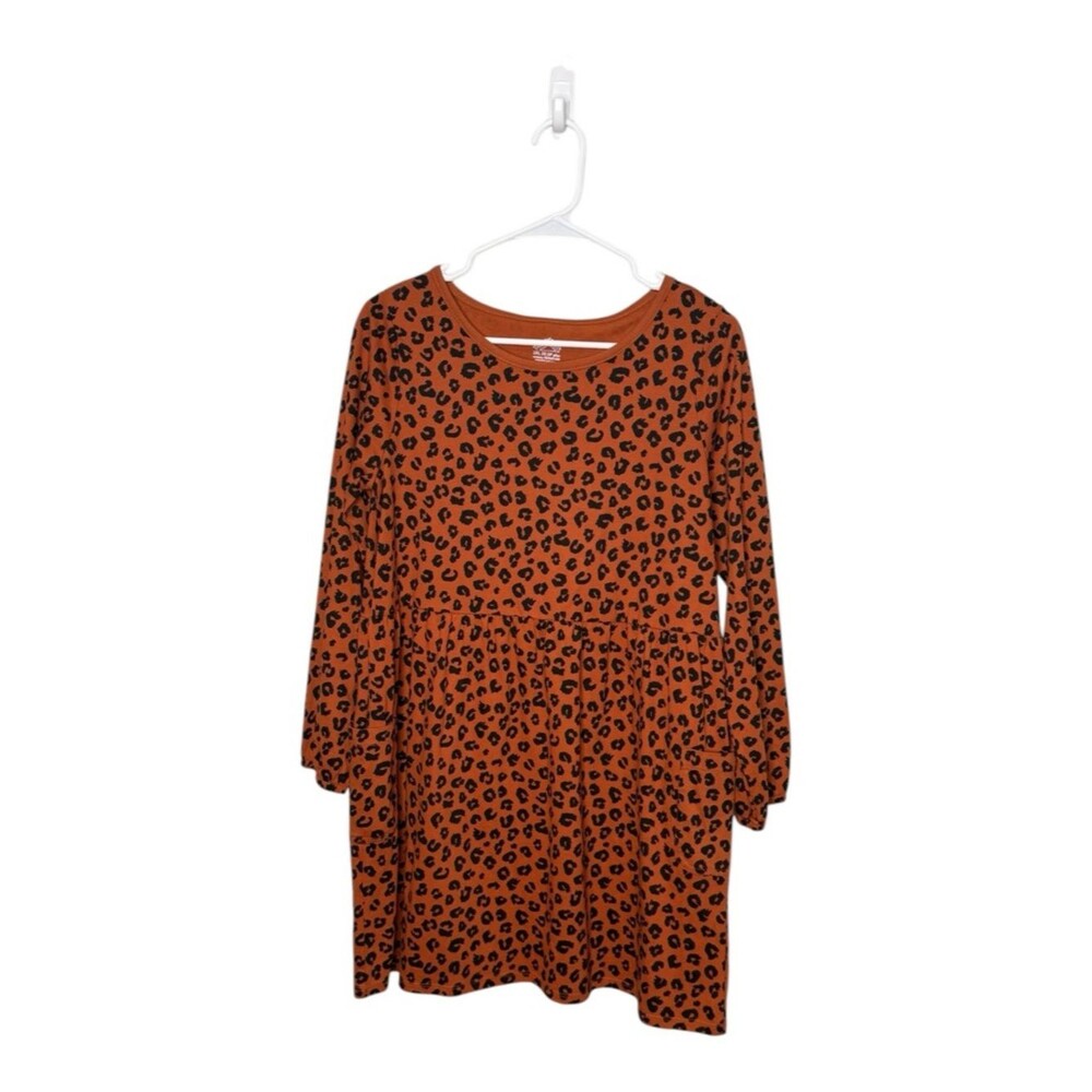 Thereabouts Girls 2XL 20.5 Plus Leopard  Long Sleeve Babydoll Dress Orange Black